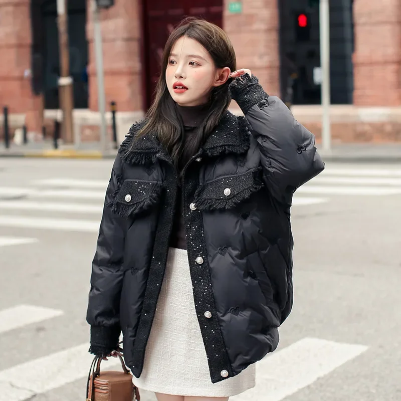 Macaron Winter Down Jackets for Women 2023 White Duck Coats Black Lapel Green Loose Embroidery Tassel Buttoned Top Cute Clothing