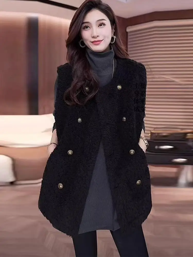 

Korean Style Women Lamb Wool Vest 2026 Autumn Winter Fashion Thickened Short Loose Shoulder Pad Jacket with Pockects Vest TS588