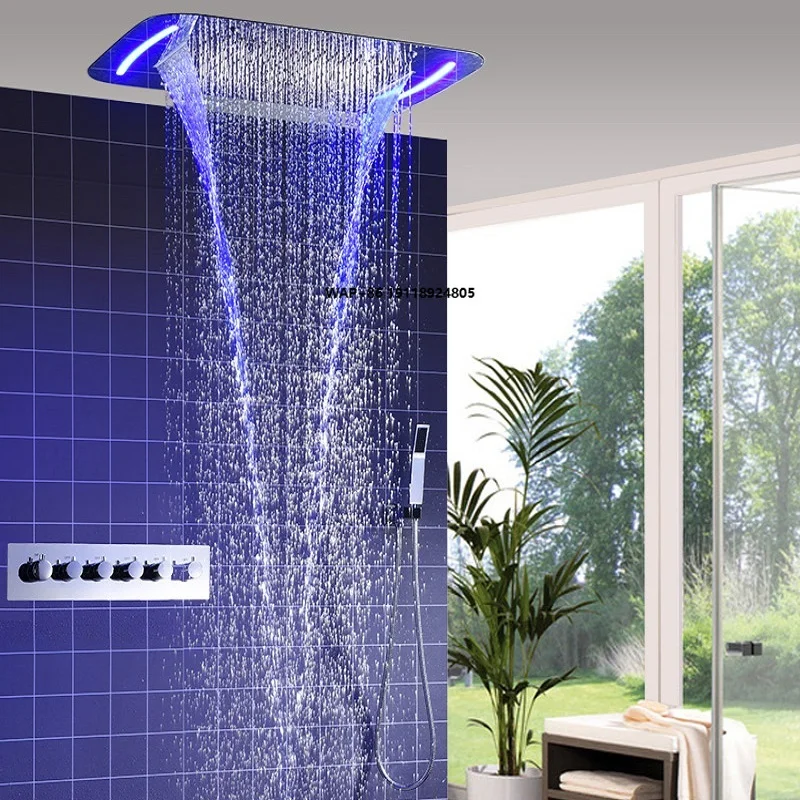 

Luxury Bathroom Ceiling Shower Fixtures Large Rain Shower Head Set Multi-function System With Led Color Control Panel