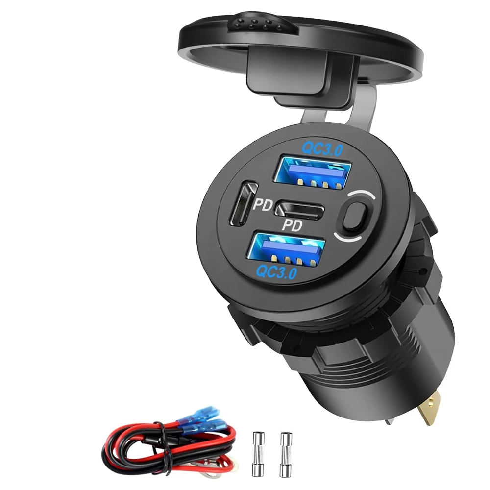 4 Port USB C Car Charger Socket Waterproof Dual PD 3.0 & QC 3.0 Multi Power Outlet Adapter with Switch for 12V 24V Marine RV Bus