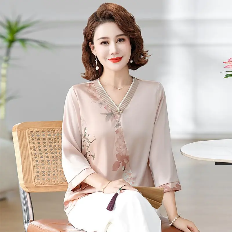 

Весенне-осенняя шифоновая базовая рубашка с рукавами 3/4, свободный топ для женщин среднего возраста