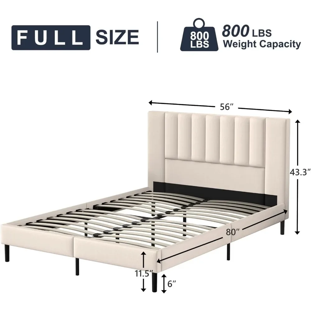 Full Size Platform Bed Frame With Velvet Upholstered Headboard and Wooden Slats Support Cream White Beds Bedroom Furniture Queen