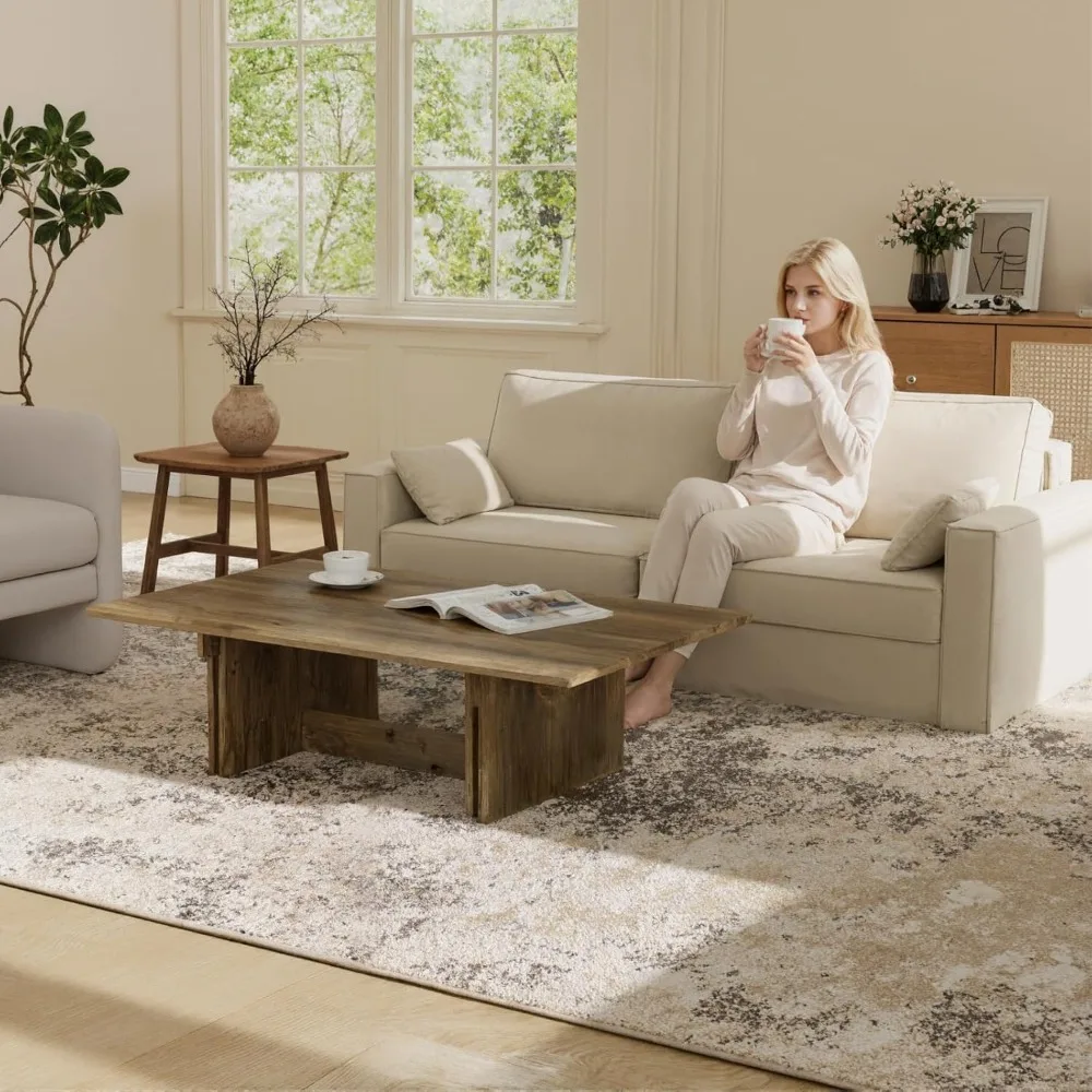 Mesa de centro moderna de 47 polegadas, grande mesa central retangular de madeira com base cruzada na sala de estar