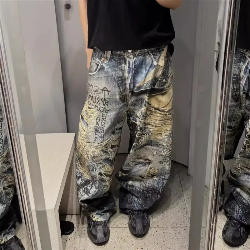 

2025AC Sle Hand-Dn fiti 3D Print Baggy Loose Straight Leg Denim Jeans Long Pants Zipper Fly mid Waist No Stretch
