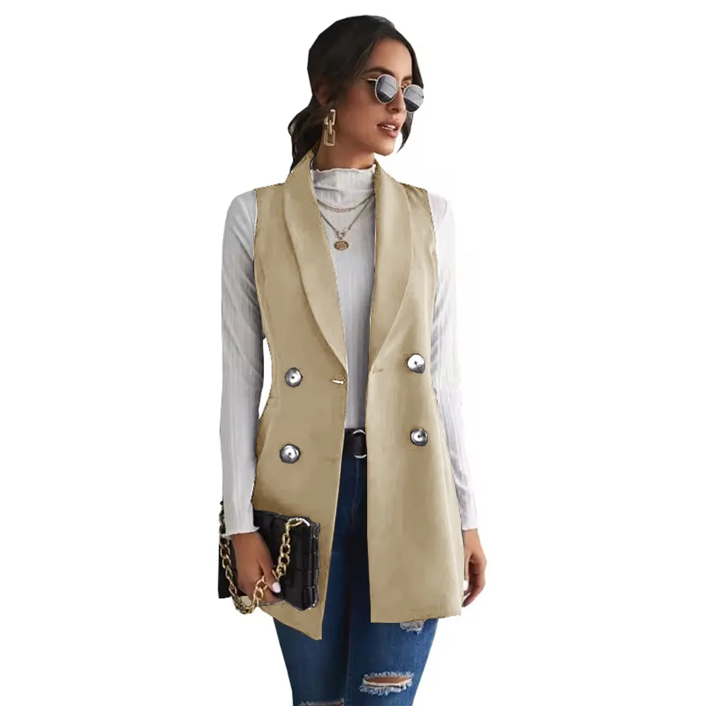 Women\'s Blazer Vest Double Breasted Long Jacket Vintage Slim Waistcoat Sleeveless for Lady