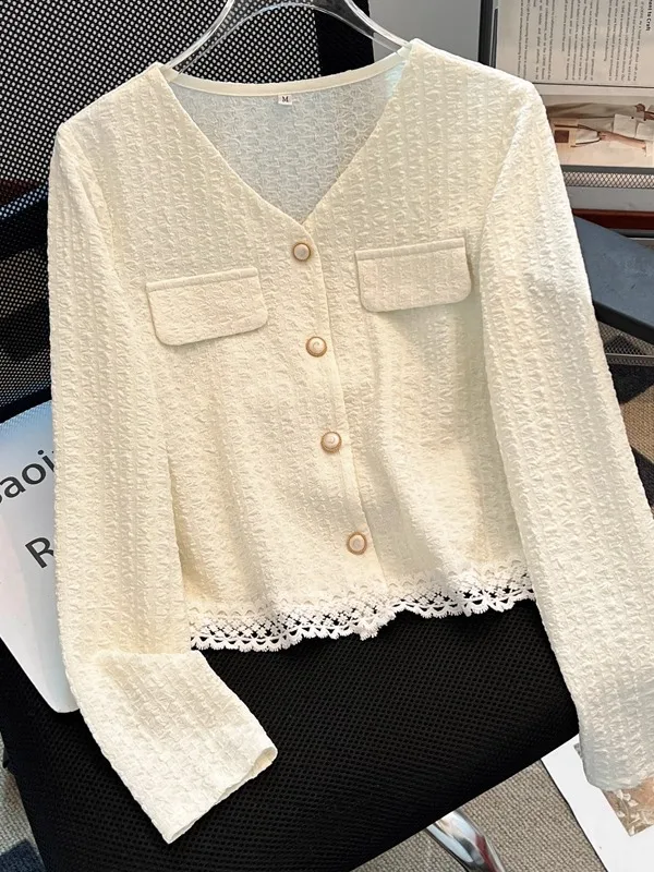 

Women's V-Ne Chiffon irt Spring 2026 New Loose Lace Splicing Personali Base irt Top Open Cardigan Long Sve Polyest...