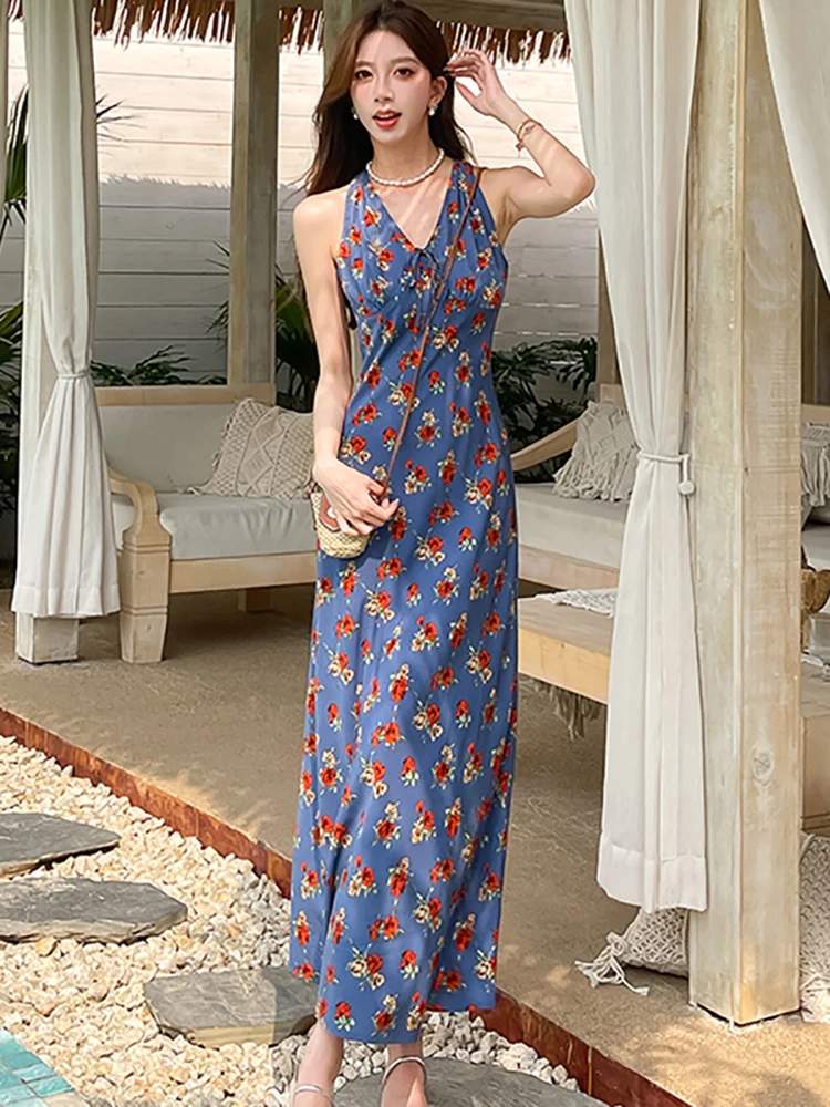Vestido largo azul Floral elegante con lazo y cuello montado para mujer, vestido informal elegante de estilo playero para vacaciones, vestido de fiesta ajustado coreano 2025