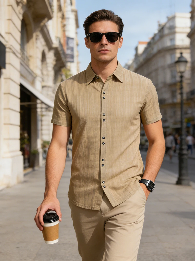 

Men's Casual Textured Striped Button Up Shirt Short Sleeve Lightweight Breathable Summer Office Work Business Blouse for Men