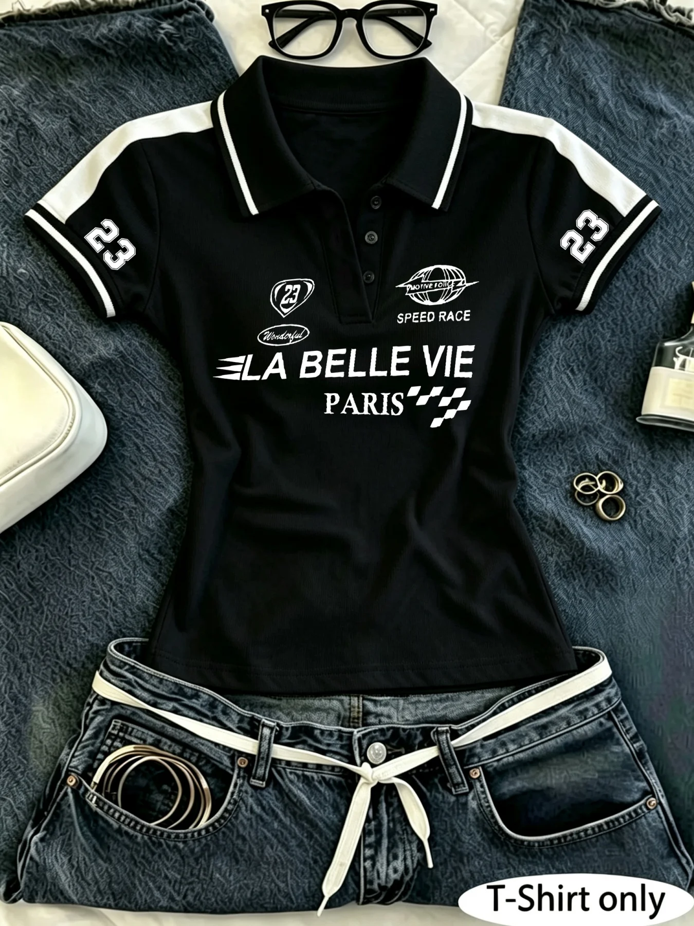 Damen Y2K Crop Polo-Shirt, Paris Racing Multi-Abzeichen Grafikdruck, Farbblock-Kurzarm-Hemd mit Kragen, schmale Passform, lässiges Street-Top – Detail 2