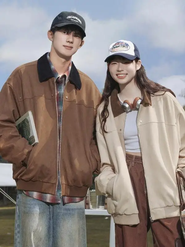 Retro American Suede Jaet Loose Fit for Men And Women Spring New Sle Velvet Core Splicing Rivet Decoration Outerwear