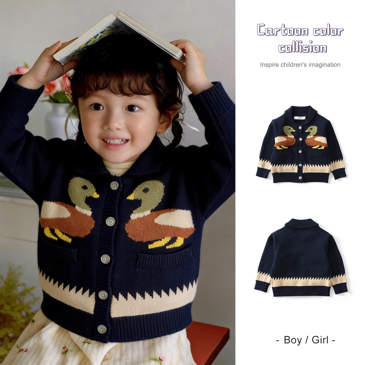 Ircomll Autumn New Thick 1-6Y Kids Knitted Cardigan Cute Duck Pattern Children Sweater Outerwear For Baby Boys Girls Daily Wear