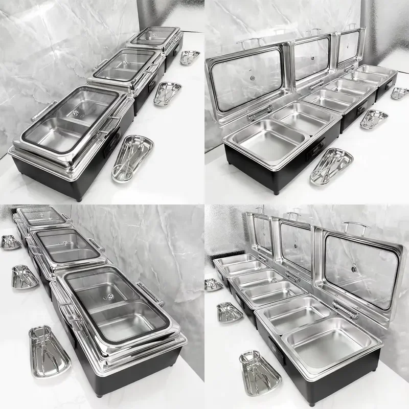 Calentador de Comida Eléctrico Económico de Acero Inoxidable con Termostato, Recipiente Rectangular Grande para Buffet, Color Negro, Hidráulico, 8L, para Cocina