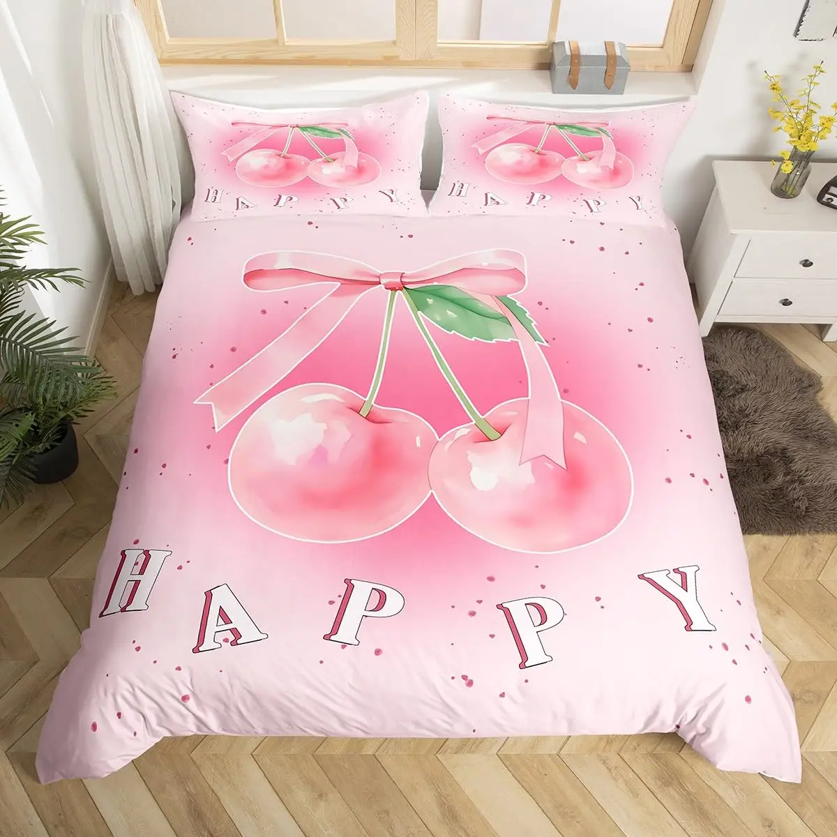 Kawaii Cherry Duvet Cover Set Queen Full Cute Cartoon Fruit Comforter Cover For Girls Woman Room Decor,Girly Cartoon Bedding Set