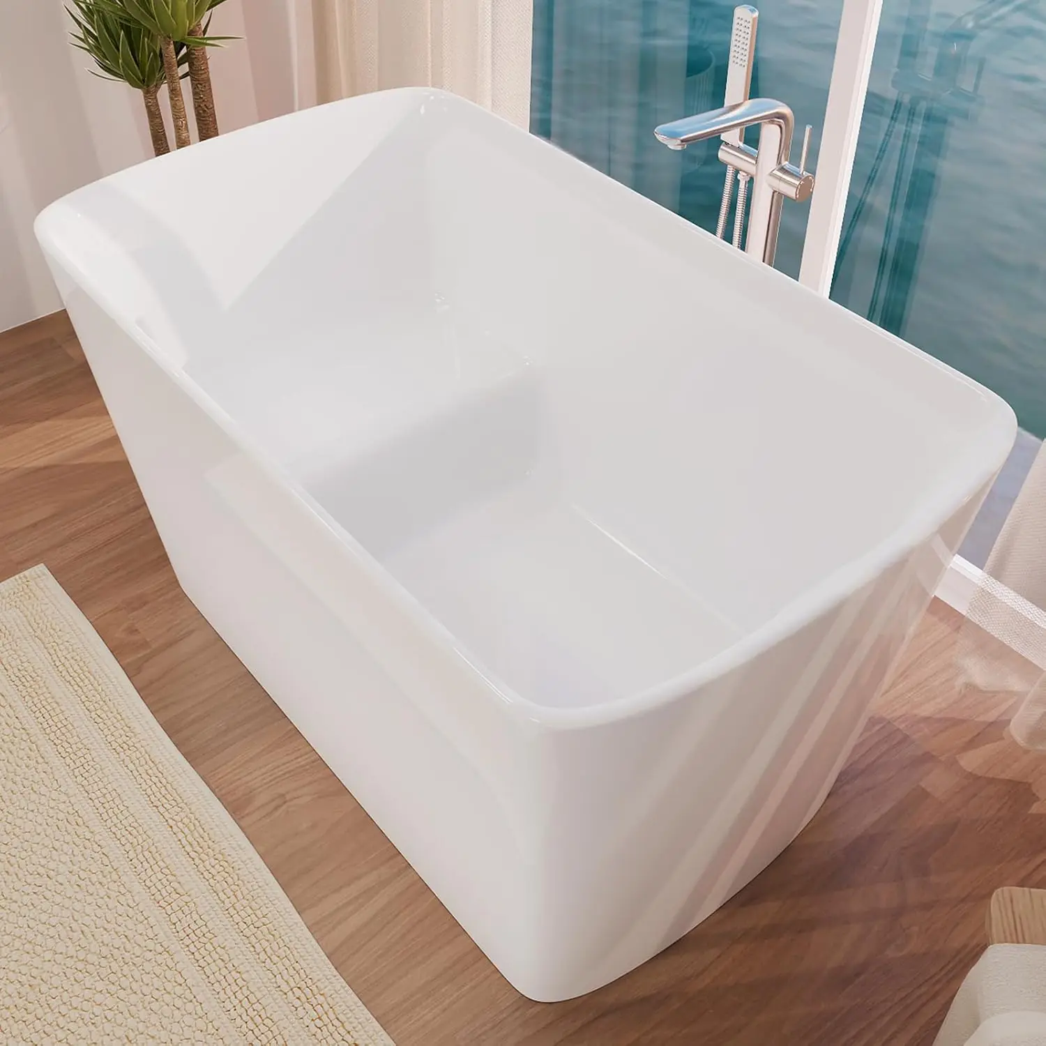 47 inch Lucite Acrylic Freestanding Bathtub Square Shape Soaking Tub with Seat Desgin Toe tap Chrome Right Drain Glossy White