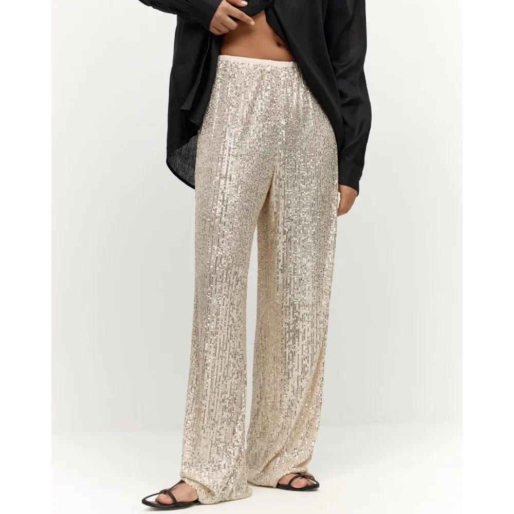 Pantalon à jambes larges à paillettes, pantalon droit à paillettes perlées, taille haute, surintendant de fête, design européen et américain, nouvelle tendance Y2K, automne