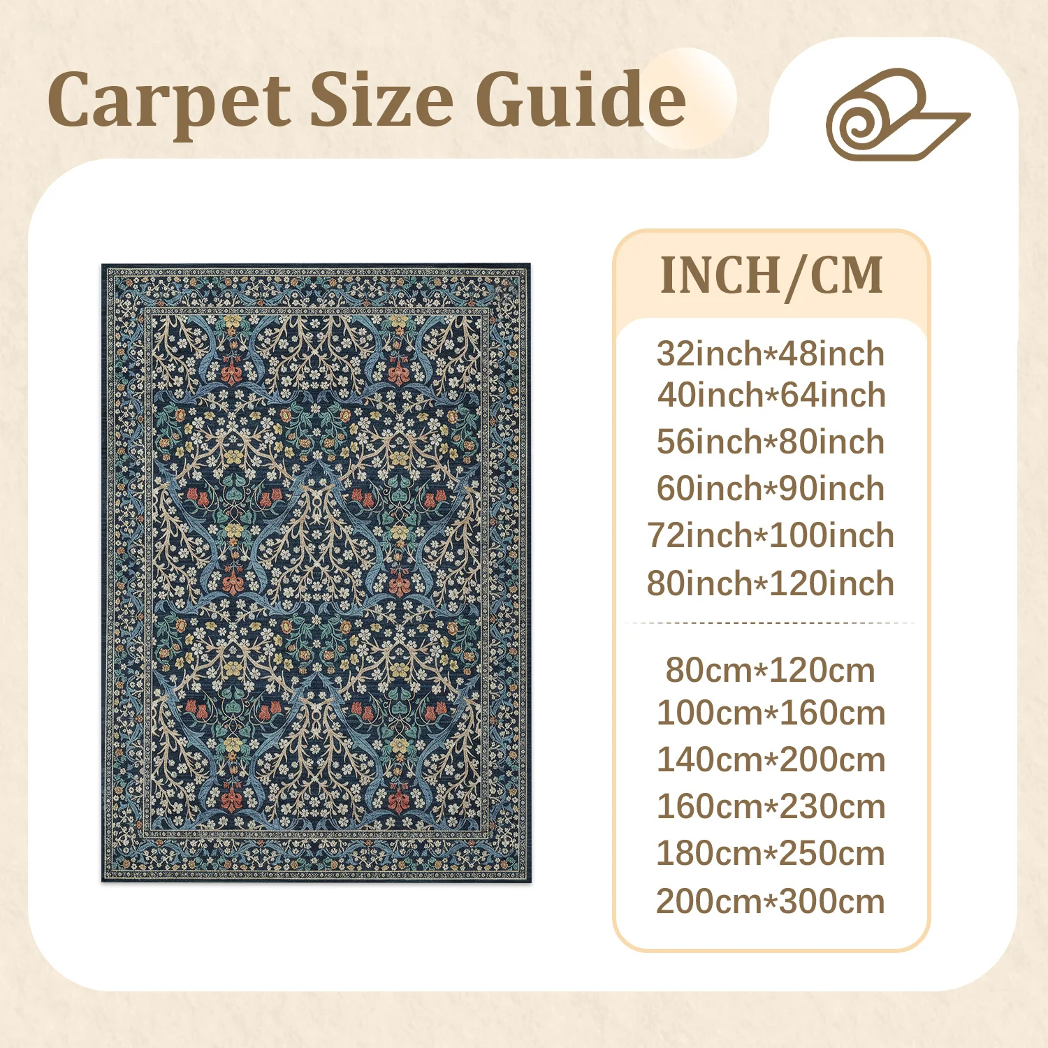 Large Indoor Area Rug, Soft Velvet Low Pile Rug with Non-Slip Dotted Backing, Machine Washable Navy Blue Botanical Floral Pattern for Living Room, Bedroom, Home Floor Decor