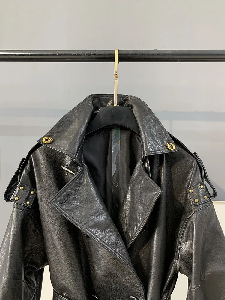 Concise Style Lapel Genuine Leather Belt Button Trench Jacket Solid Color Long Sleeves Cowhide Slim Ladies Fashion Outerwear