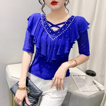 2023 Nieuwe Zomer Europese Stijl Katoenen T-shirt Chic Sexy V-hals Hollow Out Glanzende Kralen Vrouwen Tops Korte Mouw Ruches Tees 32474