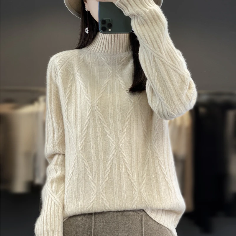 

2023 Autumn And Winter New Cashmere Sweater Women's Half High Neck Pullover Long Sleeve Solid 100% Pure Wool Loose Style Sweater