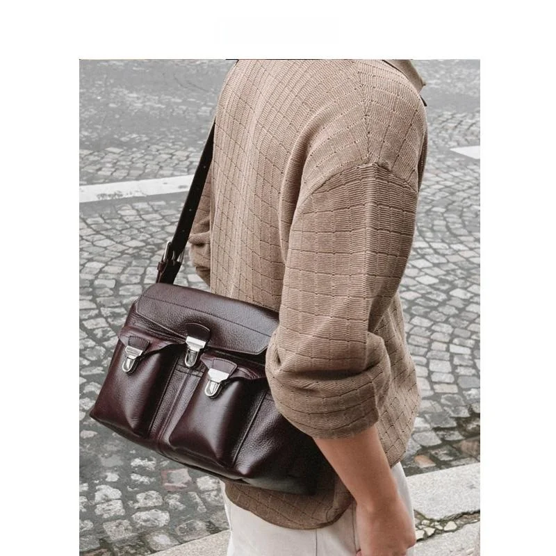 

ZAEA Leather Motorcycle Bag Women's Crossbody oulder Bag Handmade Stitching Soft Handle Casual Faion Leather Purse