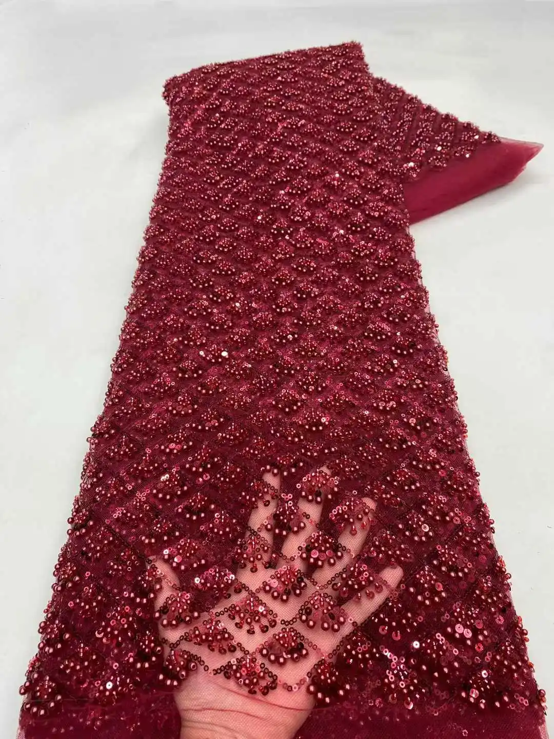 Tessuto di pizzo tull nigeriano di lusso con paillettes di perline fatte a mano per le donne Moda africana 5 metri - Ultimo design di tessuti da sposa