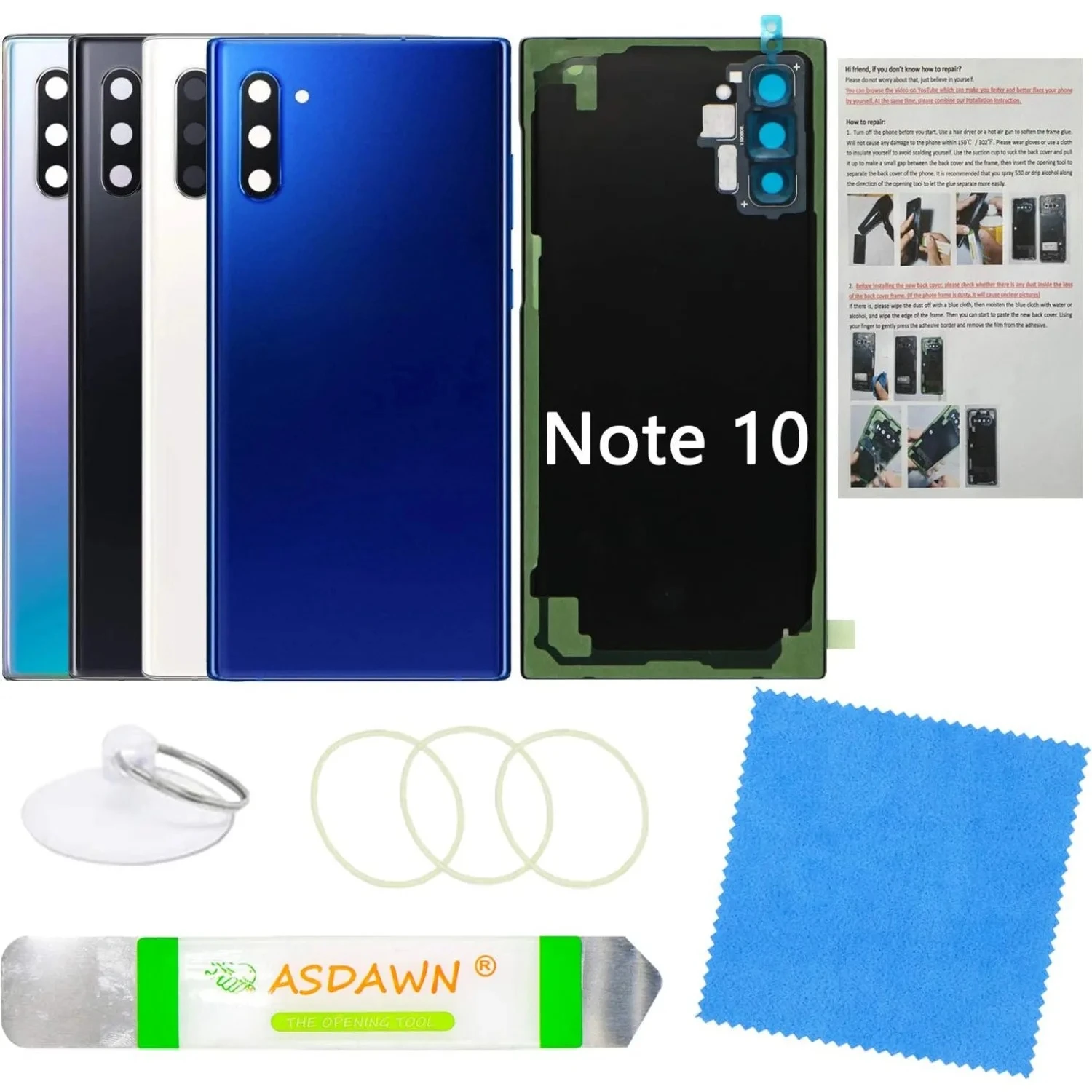 

Note10 Back Kit – OEM glass panel, camera lens & frame, pre-cut tape, pry tools & guide for SM-N970 snap-fit restore