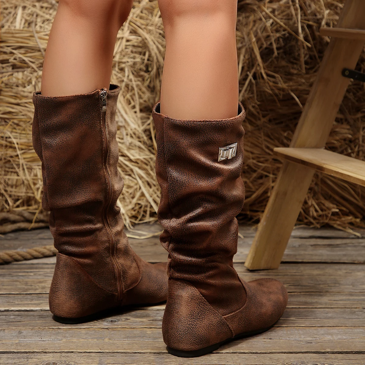 Damen-Lederstiefel, modische, plissierte Keilstiefel, lange Stiefel, runde Zehen, Herbst/Winter, einfarbige Slip-on-Schuhe, Damen-High-Boots – Detail 11