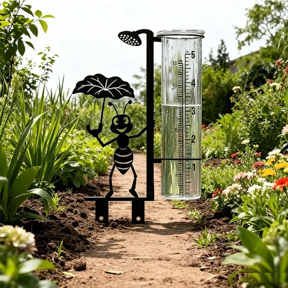 Dual Scale Outdoor Rain Gauge Clear Tube Cartoon Ant Design Decorative Rain Gauge Two Pointed Lower Prongs Black Metal Stake