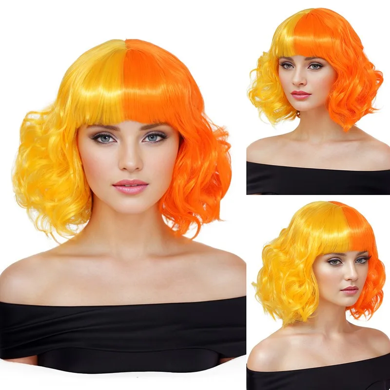Halloween Zweifarbige Farbe Kurzes lockiges Haar Musik Festival Dress Up Gerader Pony Wellen Rollbar Perform Kopfbedeckung Mittellange Perücke