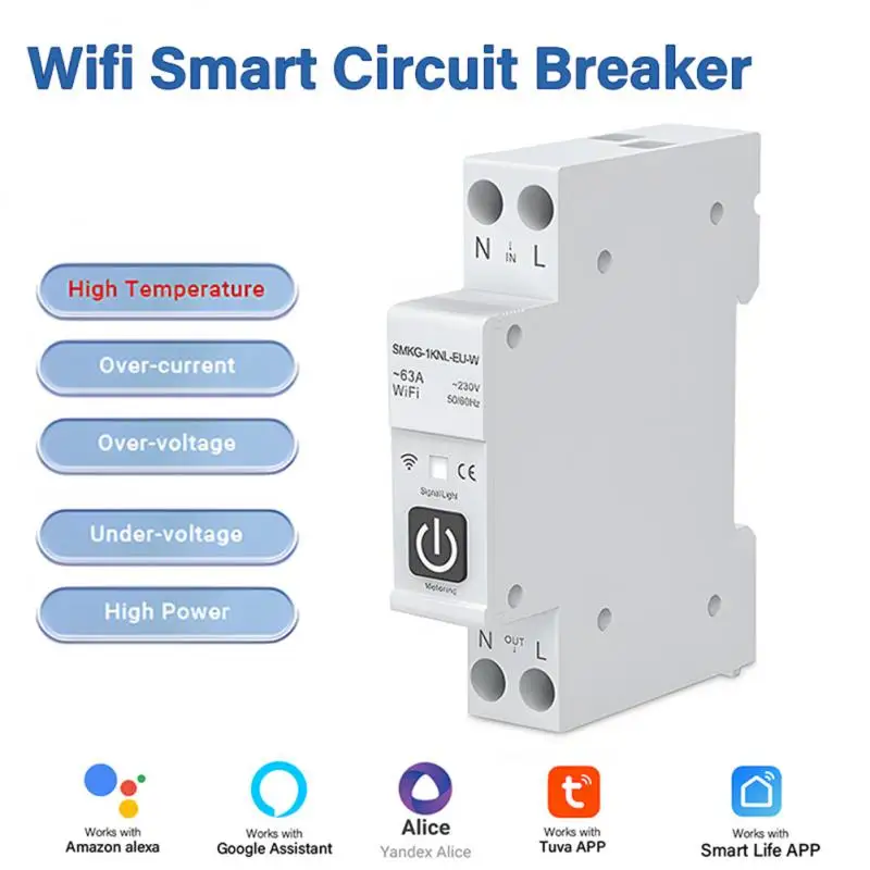 

Tuya Wifi Smart Circuit Breaker With Metering 1P 63A Rail DIN Smart Home Remote Control Switch Work With Alexa Google Home Alice