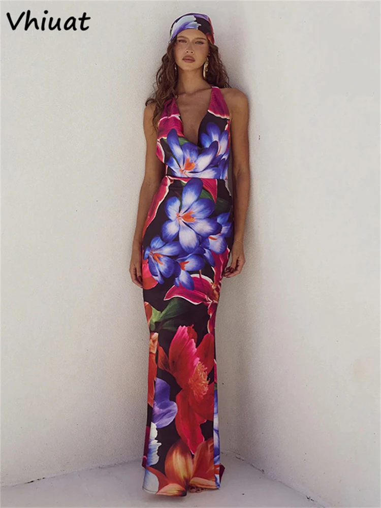 

Vhiuat Sexy Y2K Clothes Floral Print Backless Sleeveless Bodycon Maxi Dresses 2025 Sumemr Vacation Birthday Party Dress Elegant