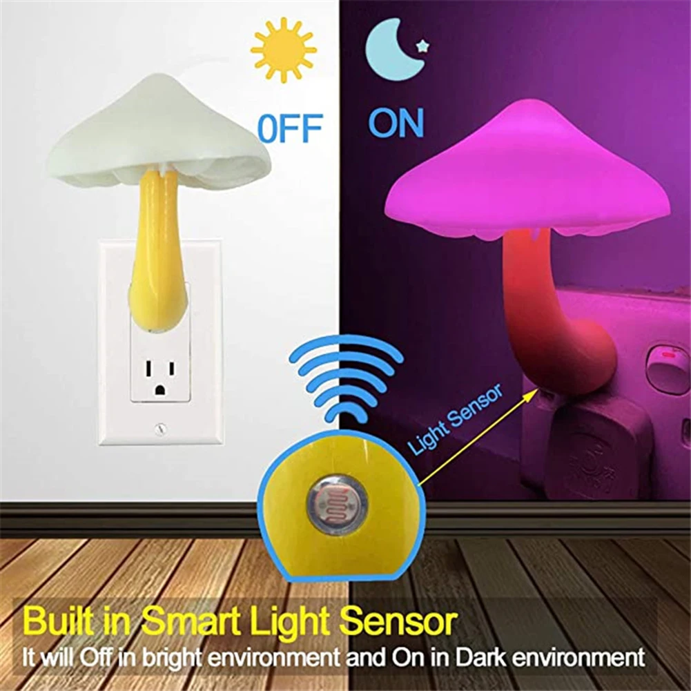 Cogumelo Forma LED Night Light, controle automático luz inteligente, economia de energia, plug-in Sensor, lâmpada de cabeceira colorido