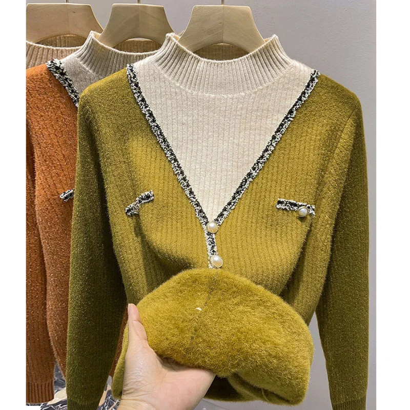 Herbst und Winter neue Mode Plüsch verdickt halbhohen Kragen gefälschte zweiteilige Pullover Damen gestrickte Unterlage