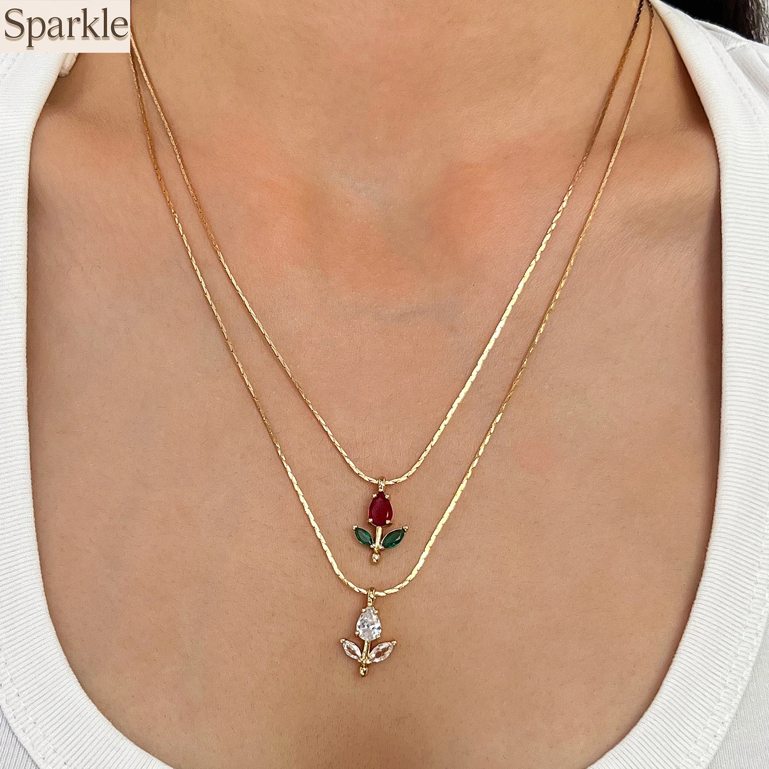 Women's Romantic Gold Tone Stainless Steel Colorful Zircon Tulip Flower Pendant Necklace Valentines Jewelry Colorfast