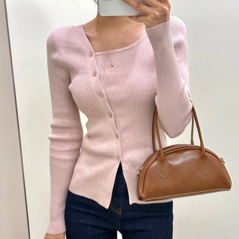

Chic Autumn Winter Slim Fit Long Sve Knitted Sweater Square Ne Oblique Design Women's Faion Ele Sle Korean Version