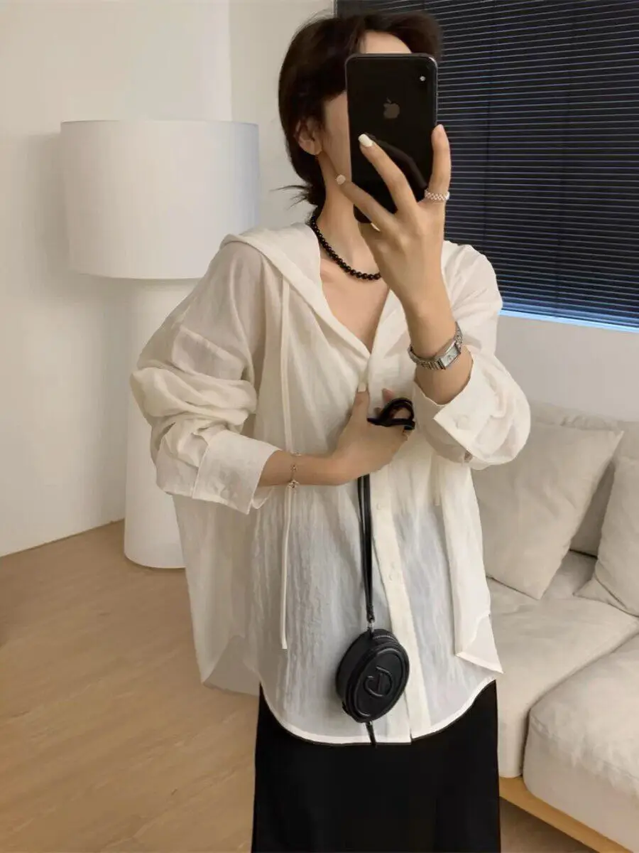

Loose Women's Sun Protection Shirt Korean Style Lazy Summer Fashion Outerwear Coat Open Cardigan Long Sleeve Hat Design