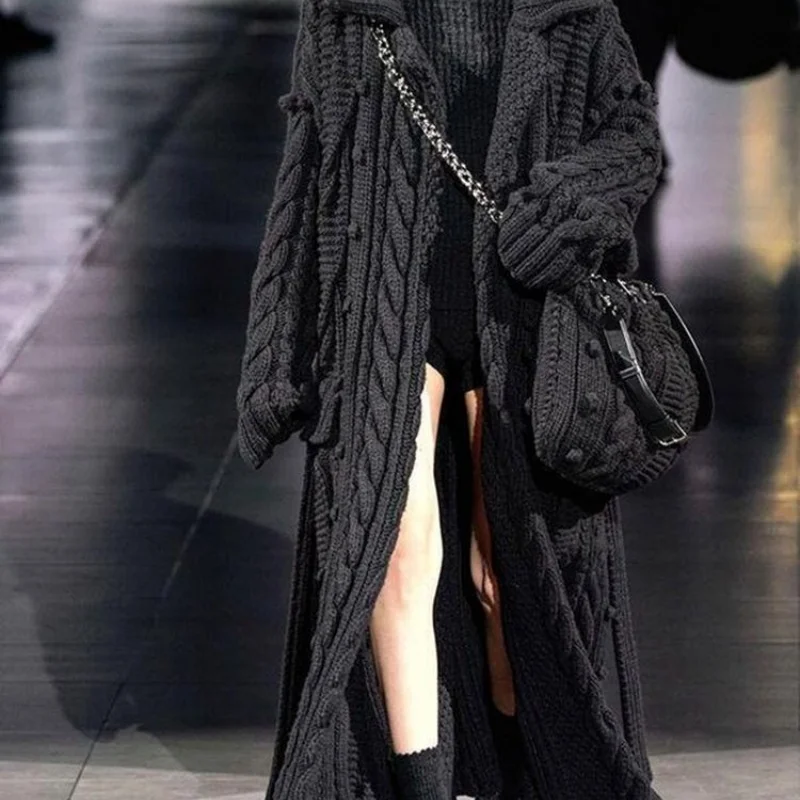 フレンチスタイル黒ヴィンテージロングカーディガン女性秋冬厚手ルーズニットセーターカジュアルオーバーサイズカーディガン