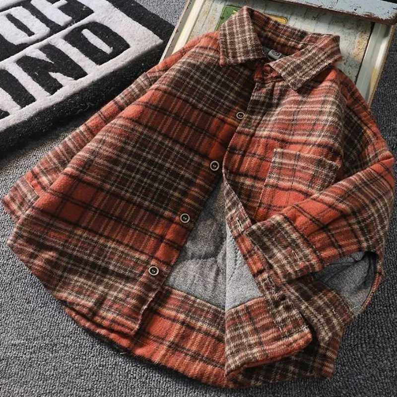 

Autumn Winter Boys' Fleece Lined Quilted Shirt Thermal Insulation Detachable Thickened Clothing for Kids Brushed Plaid Design