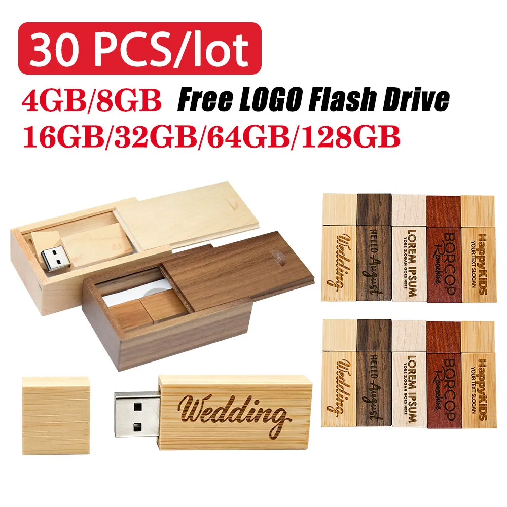 30pcs USB 2.0 Flash Drives 128GB Wooden Box Pen Drive 64GB Free Custom Logo Pendrive 32GB Wedding Gift Memory Stick 16GB 8GB