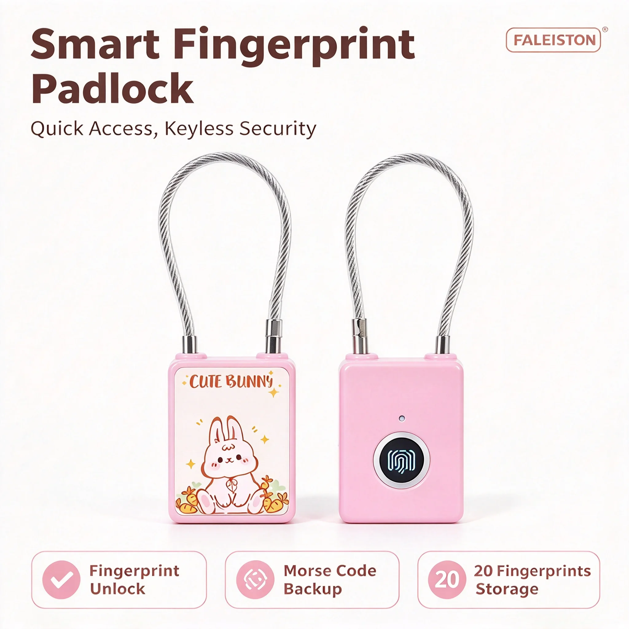 FALEISTON Mini Biometric Fingerprint Lock Keyless Morse Code Unlock Type-C Charging Small Cute Bag Lock for Children