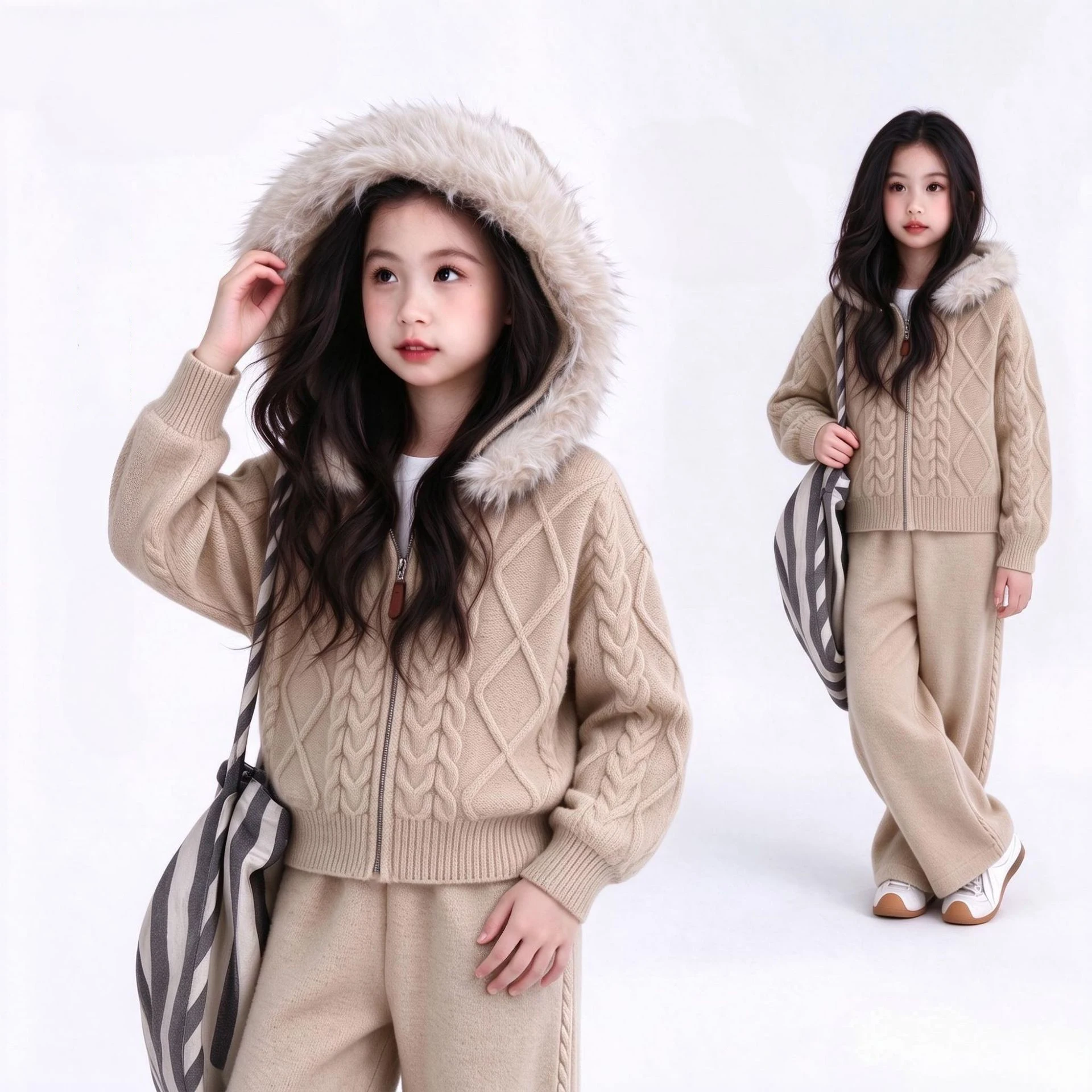 Bellbell Winter Children Girl 2Pcs Set 1-6Yrs Kids Girls Faux Fur Hooded Zipper Cardigan Suit Toddler Girls Knitted Pants Outfit