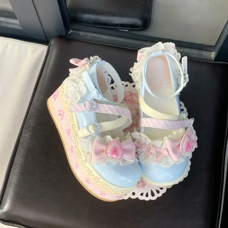 

Y2k Heels Shoes Kawaii Girls Lolita Flat Platform ,Female Students Lace Strawberry Bowknots Cute Marry Jane Elevator Shoes