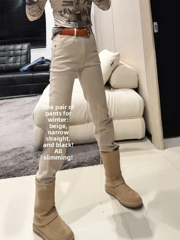 Retro American Khaki Fce Lined Skinny Jeans Women's Thiened Bootcut Ankle Pants High Waist Straight Leg Non-Stretch