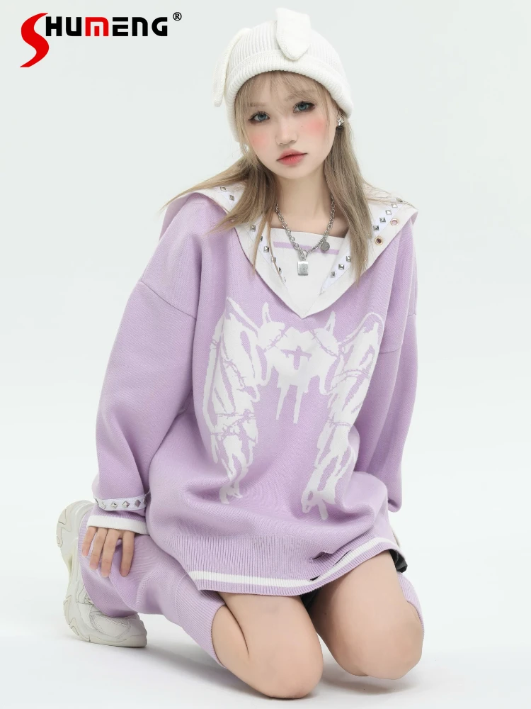 Original Japanese Women Homemade Y2k Sailor Collar Knitwear Feminino 2023 Autumn New Loose V-neck Long Sleeve Sweater for Women