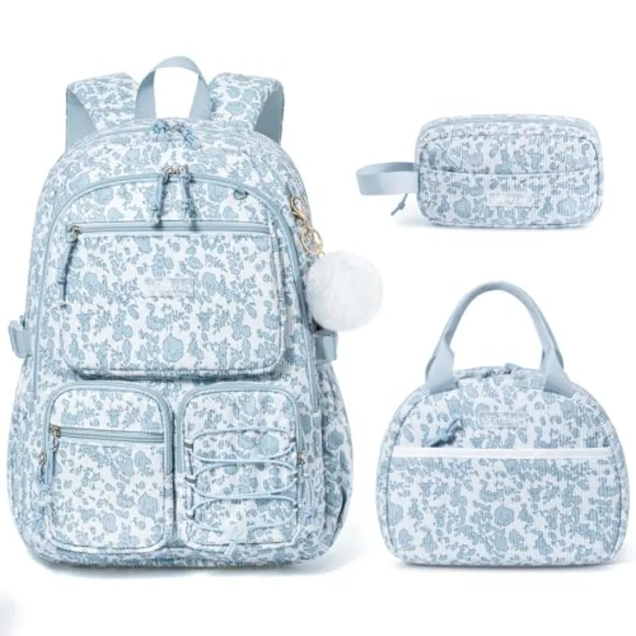 

School Backpack for Girls Boys - 3PCS Corduroy Backpack Set with Lunch Box and Pencil Pouch, Lightweight Teen Girls School Bag