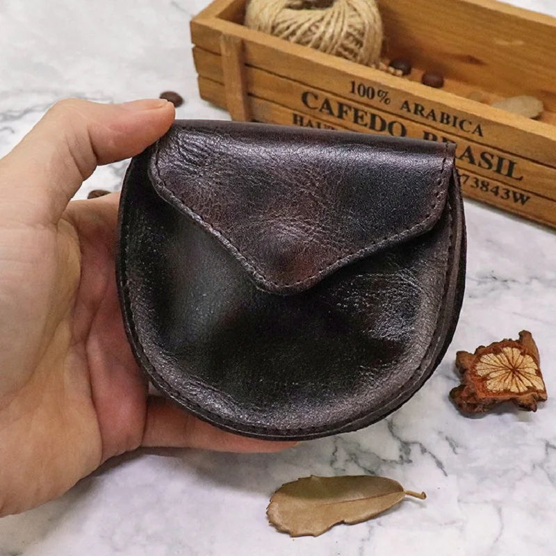 Retro Genuine Leather Coin Purse for Men Horseshoe Design Small Flap Wallet Square Handmade Female Leather Mini Card Holder 2023