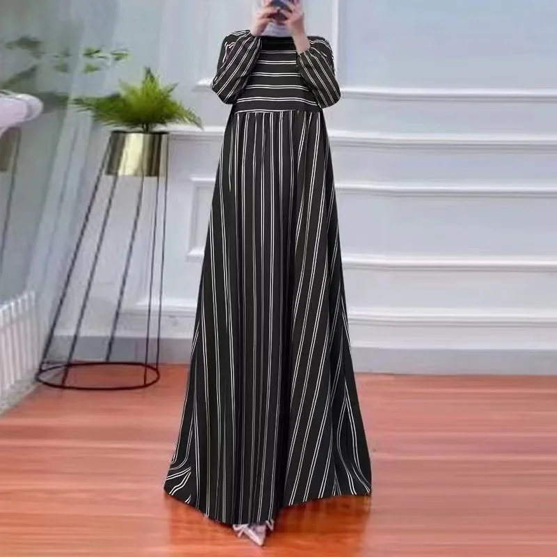 

2024 Islam Abaya Dress Middle East Arab Comfortable Casual Stripe Loose Abayas for Women Round Neck Long Sleeved Women's Dress