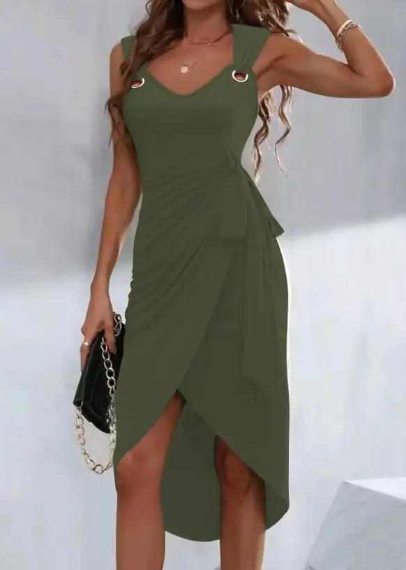 

Women Vacation Dress Tied Detail Eyelet Sleeveless Dress 2024 Spring/summer Solid Color Asymmetric Slit Sexy V-Neck Daily Dress