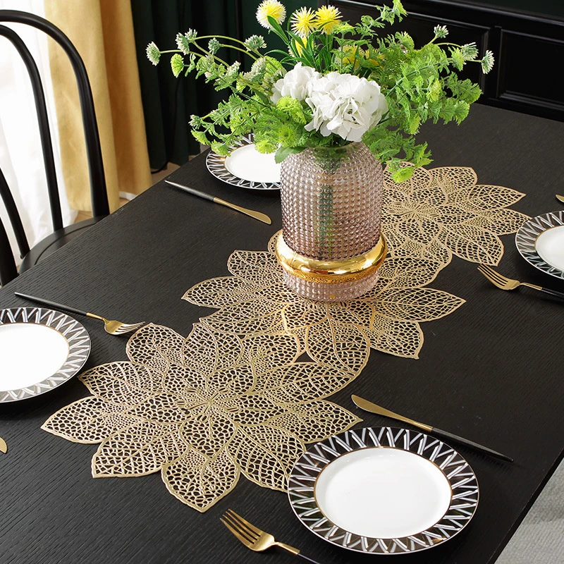 1PCS Gold-embossed Placemats PVC Dining Table Mat with Purple and Gold Floral Embossed Hollow-out Long Table Runner, Cross-borde