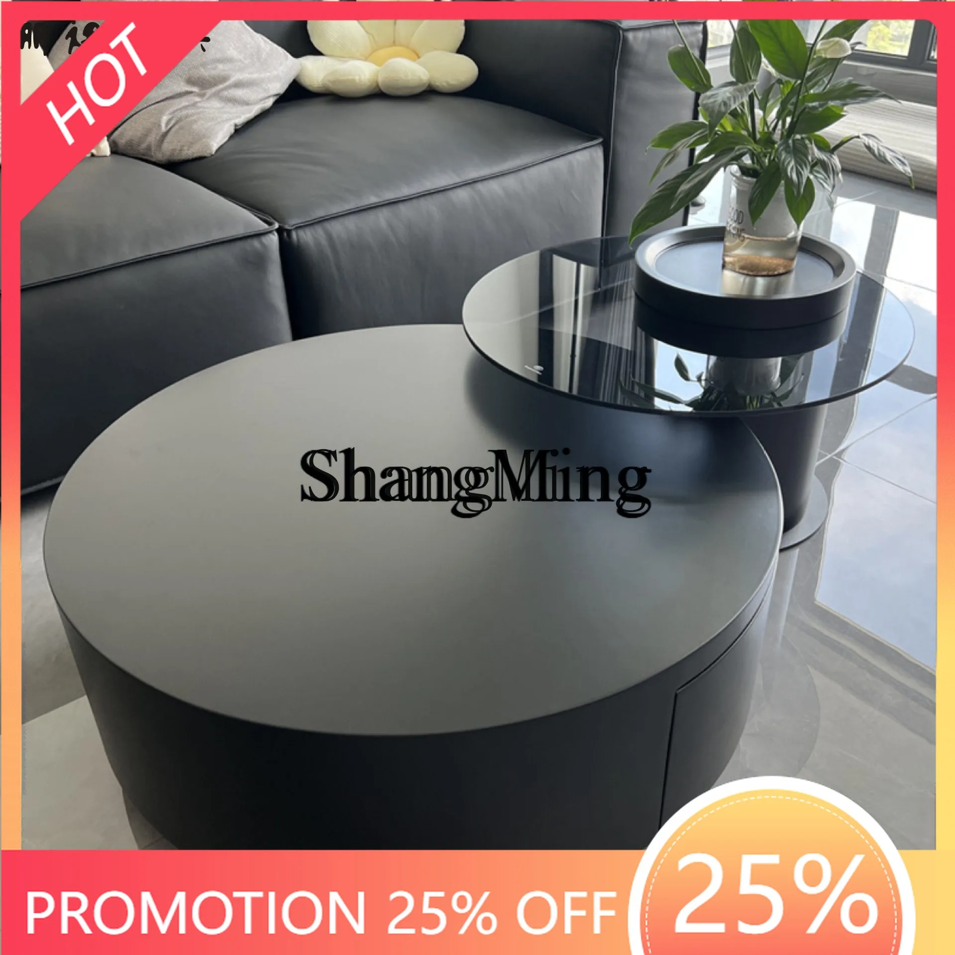 

FG good-looking solid wood rock slab round coffee table light luxury modern simple living room high-end glass combination